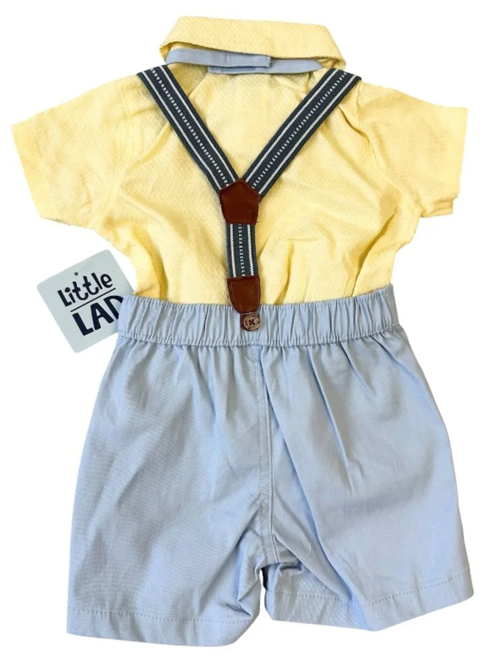 Little Lad Baby Boy Size 12M 4-Pc Bowtie Sky Blue/Yellow Suspender Shorts Set